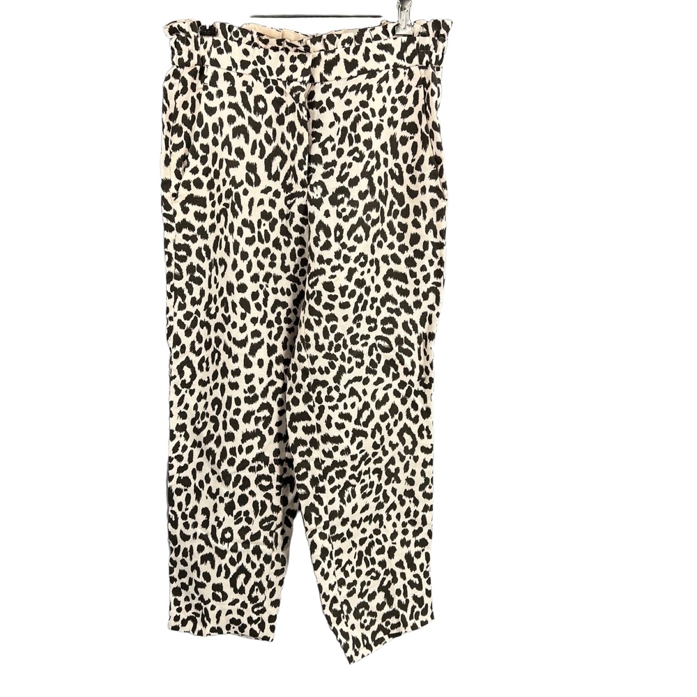 J.Crew Pants Linen Blend‎ Cream Brown Leopard Print Tapered Summer Weight Size 4
